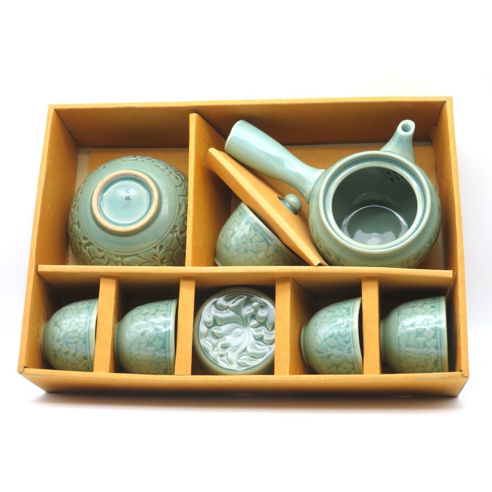 Vintage Korean Celadon Tea Set  5 Person Handcrafted Ceramic Green Crackle Glaze